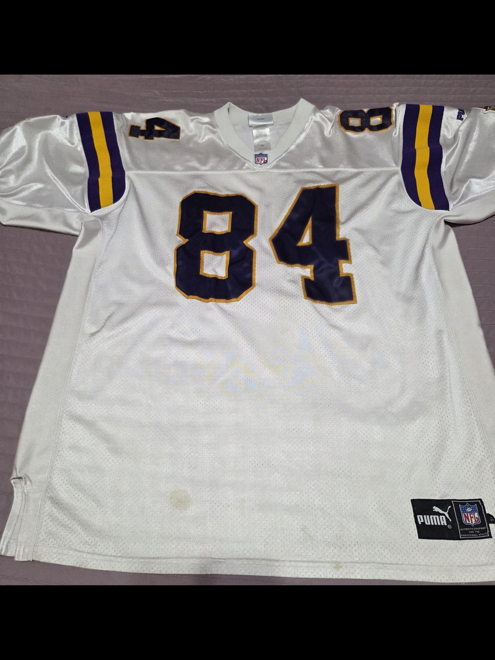 Puma White Football Jersey with Purple and Gold Accents, No. 84 MOSS